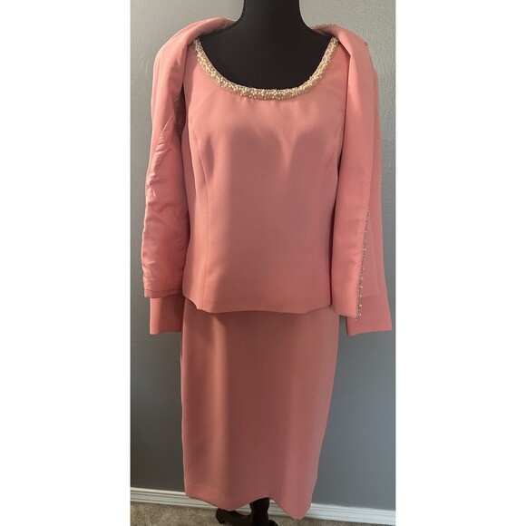 Kasper Womens 8P Formal 3 Piece Skirt Suit Beaded Trim Jacket Peach Outfit EUC - Picture 3 of 8